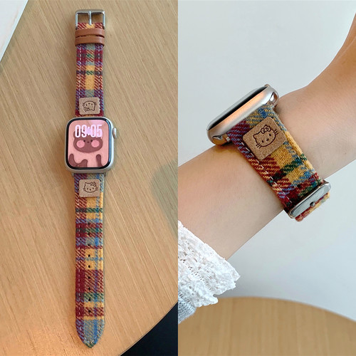 适用iwatch可爱KT猫彩虹毛呢表带