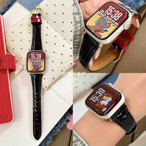 适用iwatch修身拼色亮面漆皮表带