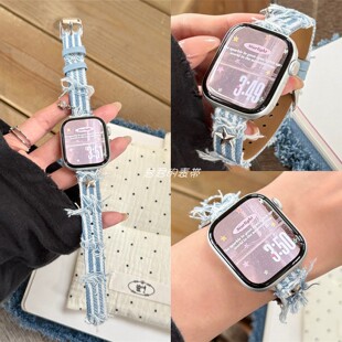 适用苹果手表s11代iwatch细款 星星流苏条纹牛仔表带applewatch9se