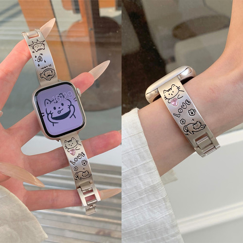 适用iwatch可爱猫咪手镯金属表带