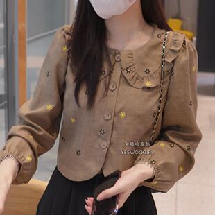 【大脸哈】温柔风娃娃领衬衫女2024秋新款设计感甜美衬衣百搭上衣