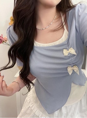 新款【千惠】丁达尔穿搭03129C胖mm初春夏季假两件短袖气质显瘦T