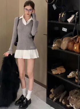 【CCHUNZI】冷艳学姐学院假两件高支衬衫拼接针织连衣裙收腰短裙