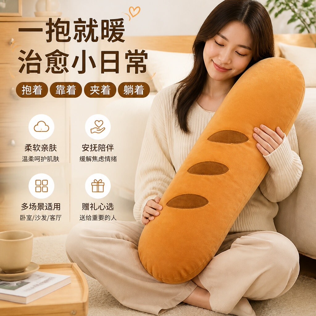 法棍宿舍夹腿抱拆洗床上毛绒玩具睡觉靠垫面包长条床头枕可爱枕头