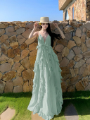 MSTO 复古气质显瘦度假沙滩裙 BALLET薄荷绿荷叶边吊带连衣裙法式