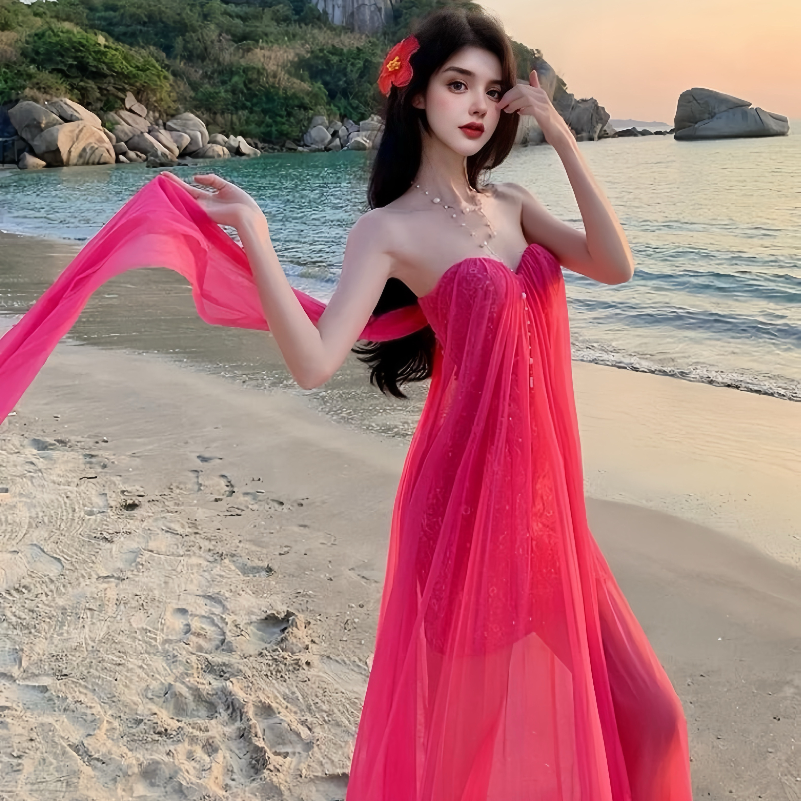 MSTO玫焰海岛｜玫红色抹胸海边度假裙氛围感拖地礼服裙晨袍生日裙