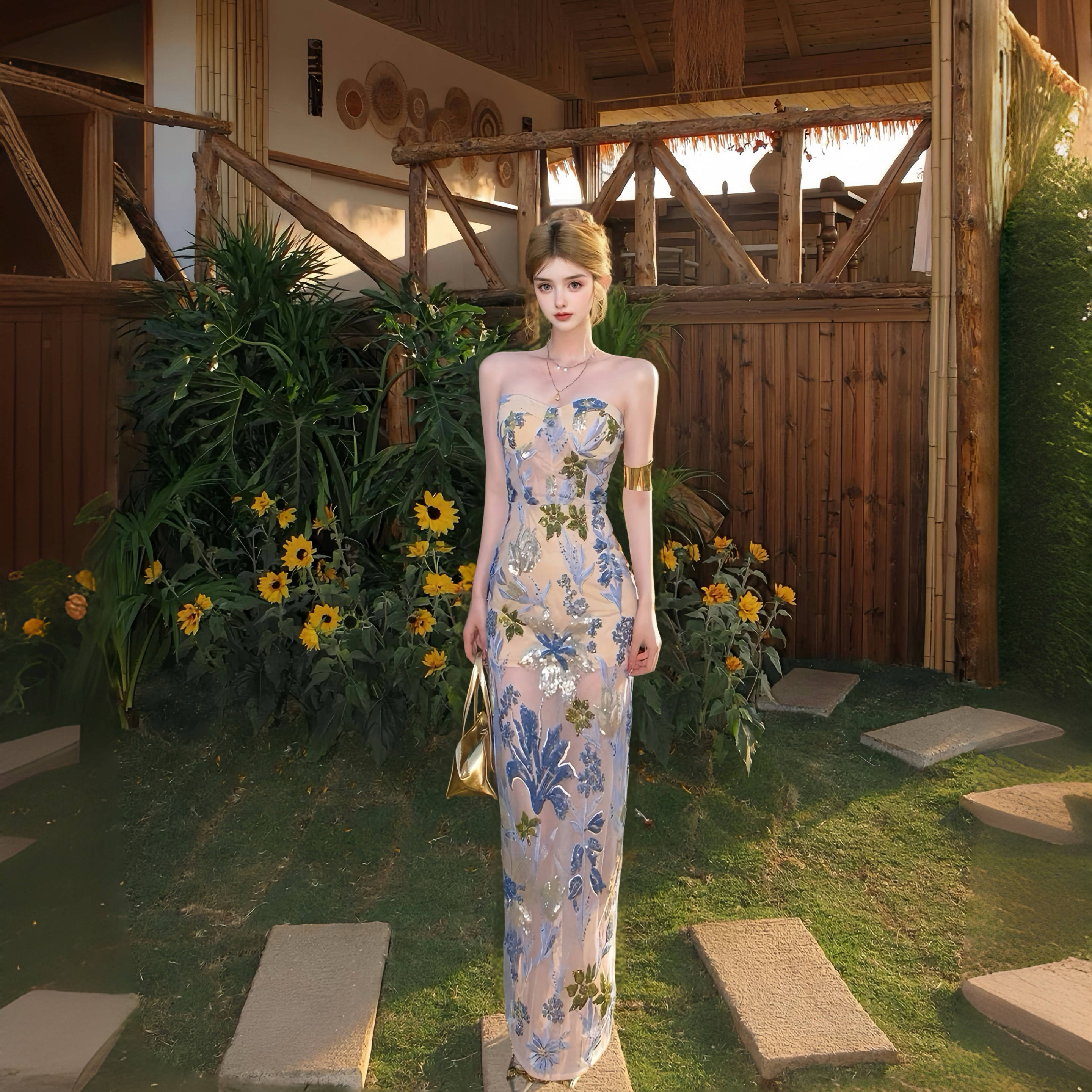 MSTO BALLET鎏金繁花 重工刺绣网纱抹胸度假风修身礼服名媛宴会