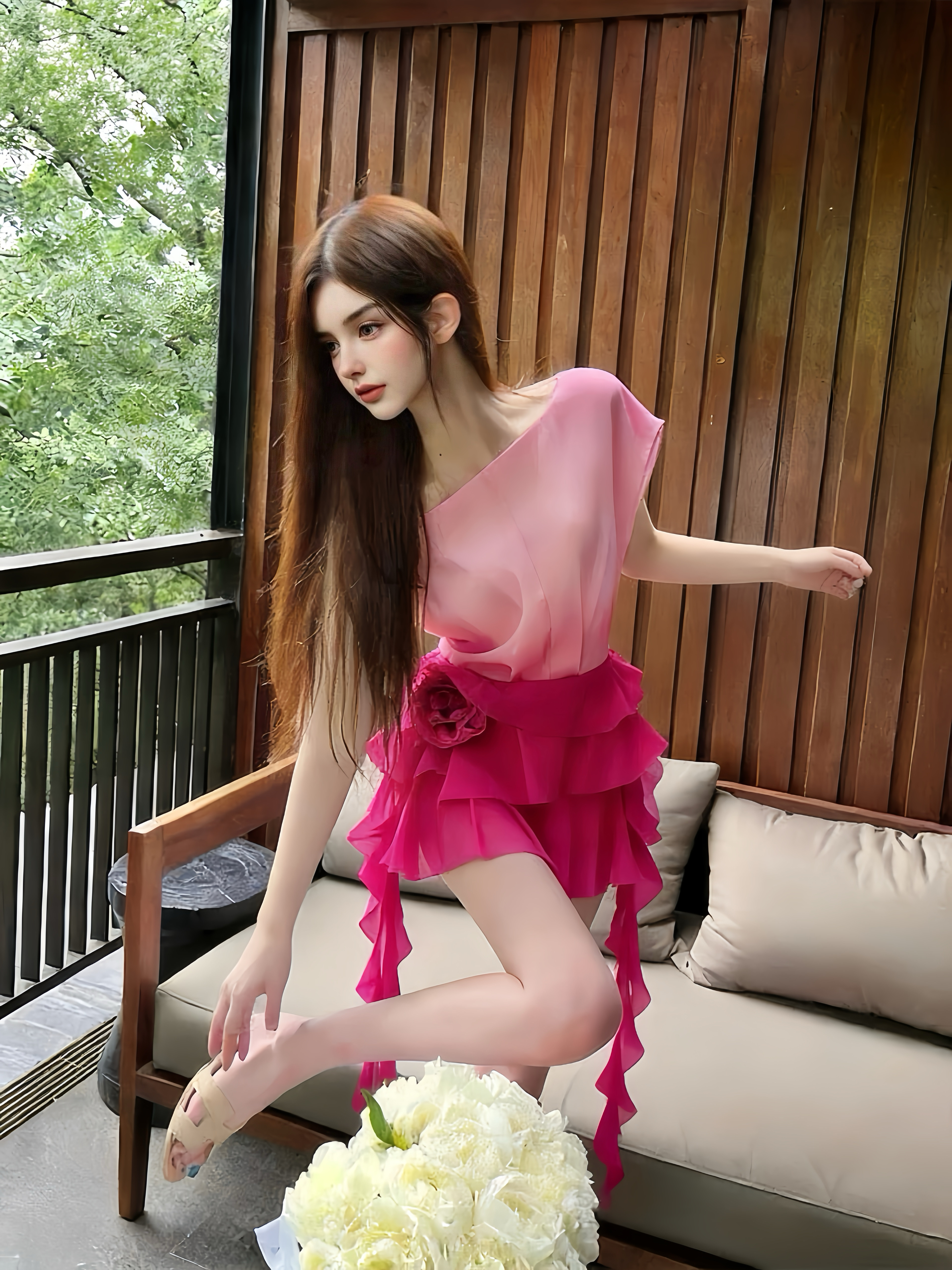 MSTO BALLET 柔雾玫影 一字肩雪纺衫多层荷叶边蛋糕裙生日战裙约