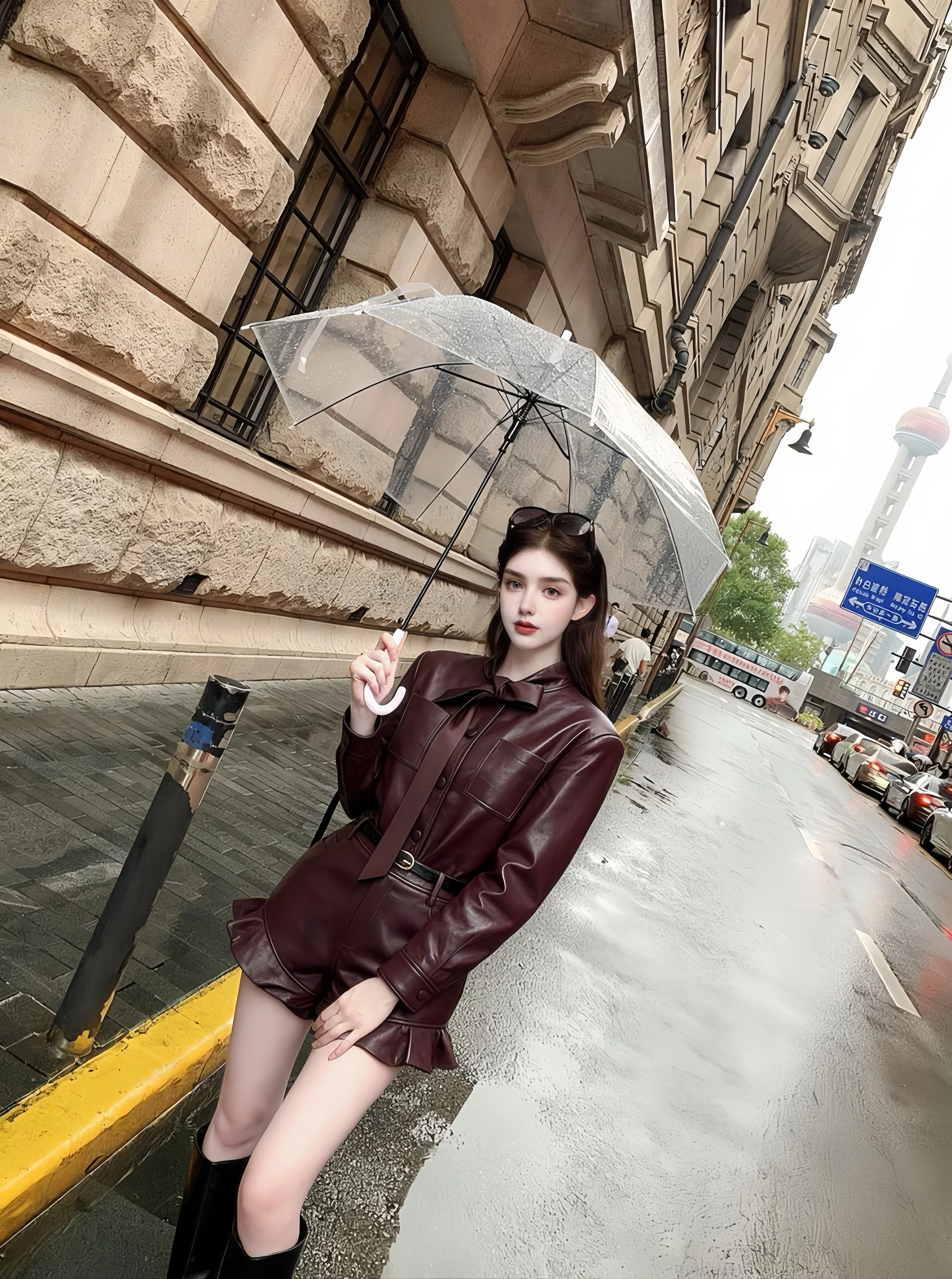MSTO 红酌私语·美式复古酒红皮衣外套轻礼服蝴蝶结耳边短裤套装