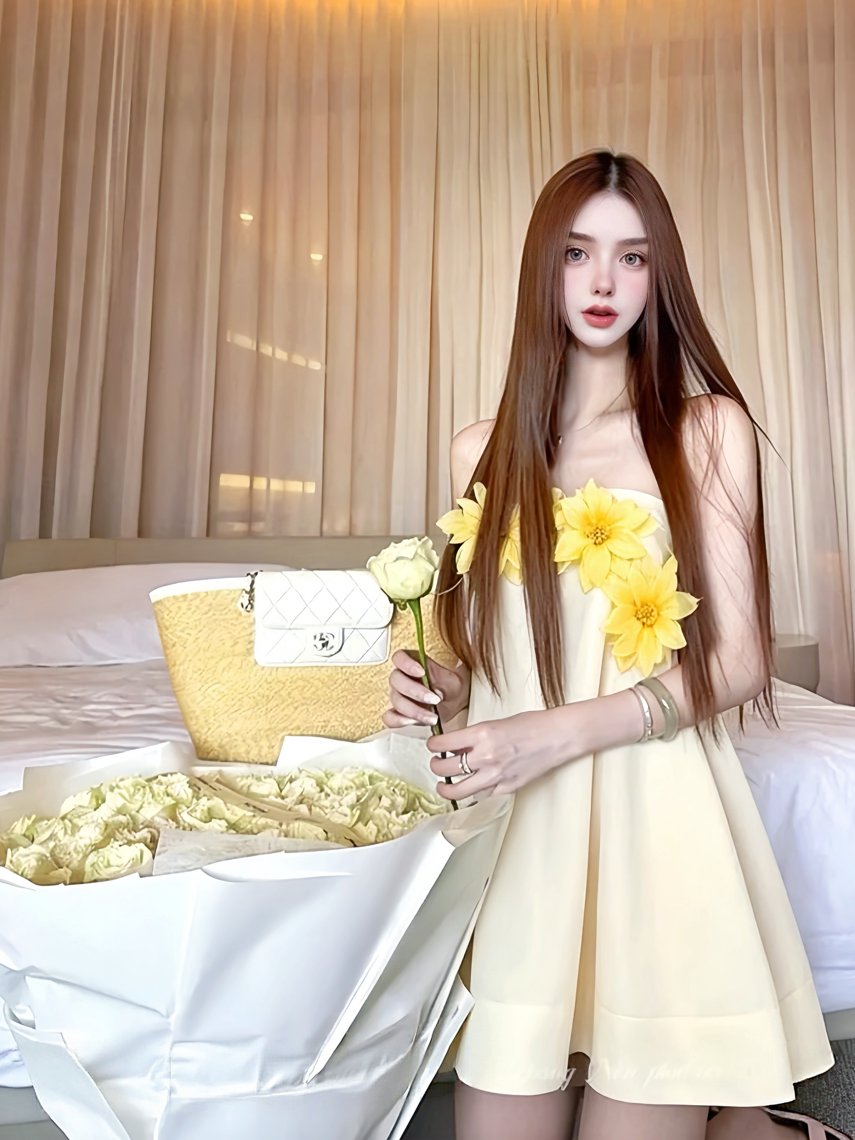 MSTO BALLET 黄花映月 法式复古新中式立体花朵黄色连衣裙生日裙