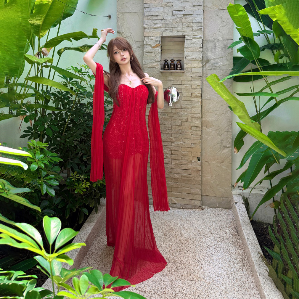 MSTO多巴胺海边度假风红色网纱抹胸飘带连衣裙女礼服裙子生日裙