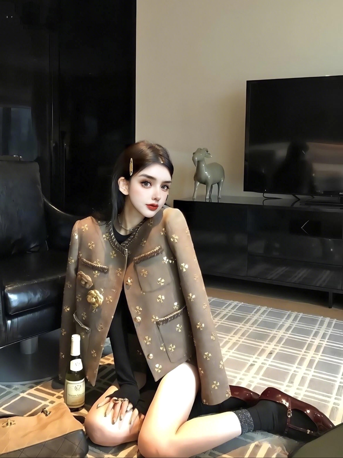 MSTO“棕咖秘语千金”法式名媛复古刺绣小香风外套秋季显身材套装