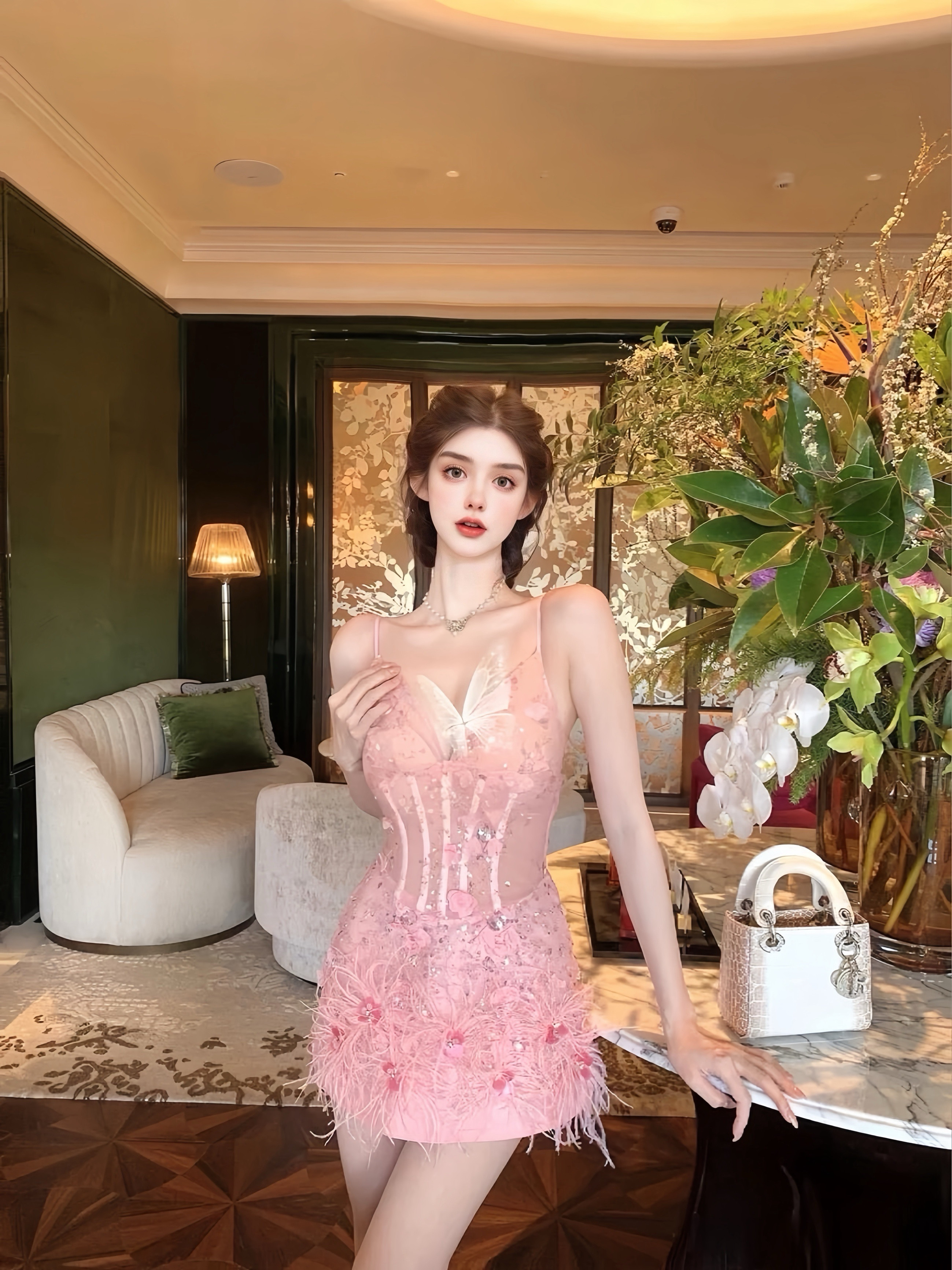 MSTO BALLET 蝶影流光小众法式名媛风收腰显廋短款粉色连衣裙礼服