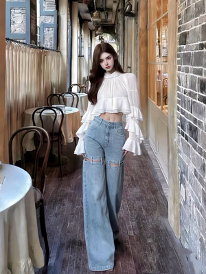 MSTO BALLET【云絮轻扬】白色雪纺荷叶边短款上衣 温柔气宽松显瘦