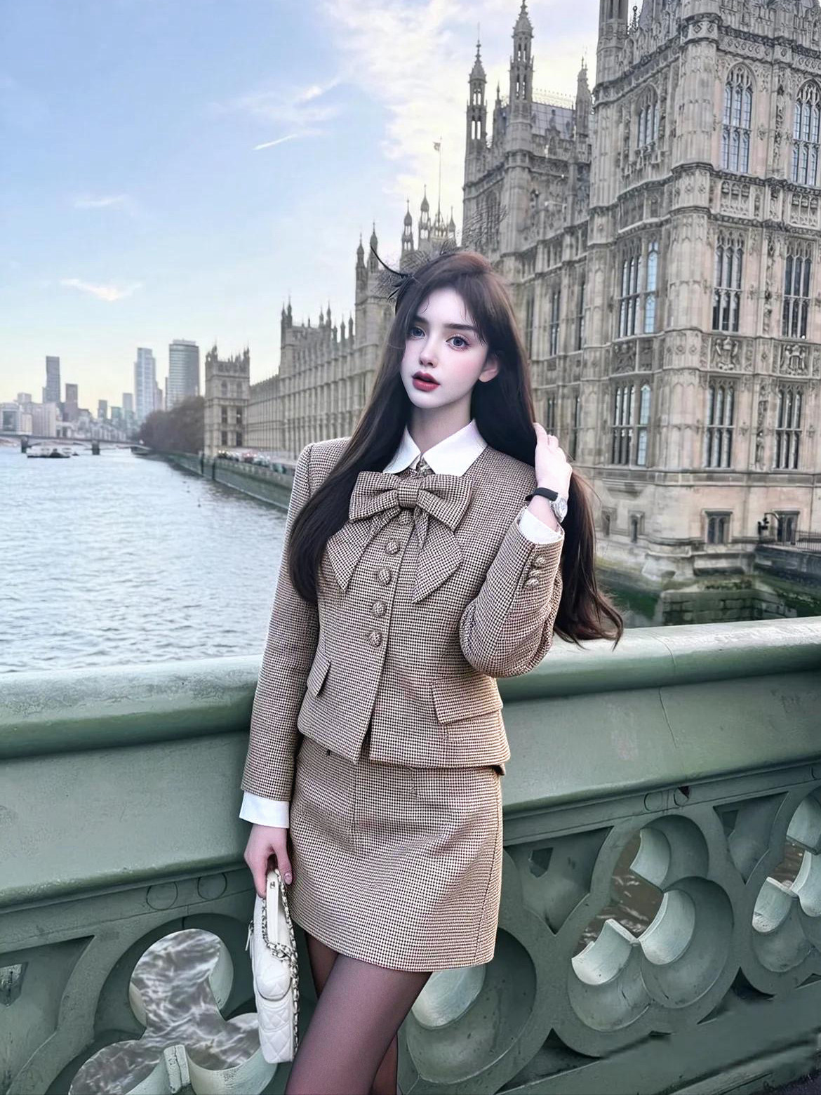 MSTO｜英伦书媛 名媛复古千鸟格学院小香风轻礼服蝴蝶结约会套装