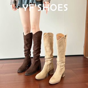 不过膝长靴女秋冬靴子2025年棕色高跟粗跟瘦瘦靴高筒骑士靴堆堆靴