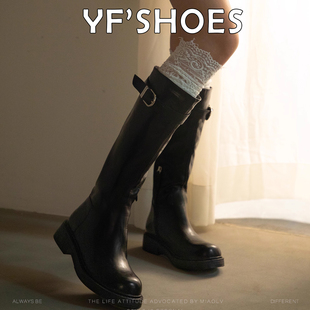 宇凡~真皮厚底不过膝长靴女川西美拉德棕色褶皱长筒靴高筒骑士靴