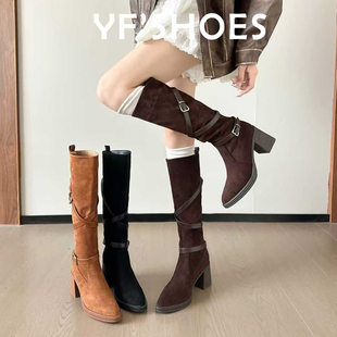 尖头高跟长靴女西部堆堆靴长筒靴美拉德靴子女粗跟厚底显瘦骑士靴