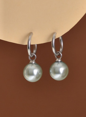 两用钛钢素圈隐形弹簧耳夹高亮银灰色珍珠无耳洞耳饰简约时尚女