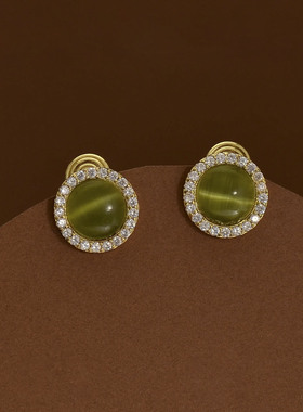 复古绿色猫眼石无耳洞耳饰微镶锆圆形蚊香盘耳夹简约时尚百搭
