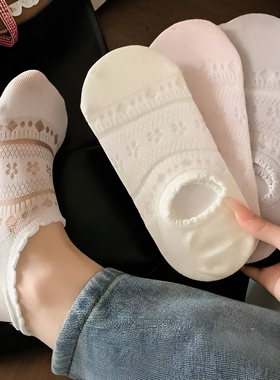 5双夏季甜美白色镂空短袜爱心小花不掉跟船袜防滑隐形网球运动袜