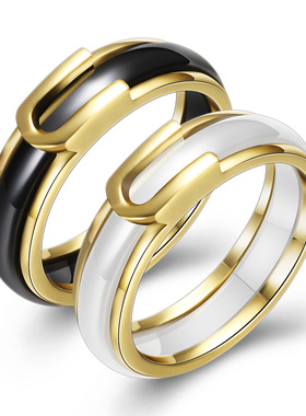 欧美跨境陶瓷手饰小清新简约创意皮带扣式铜边黑白陶瓷戒指女