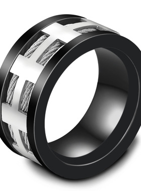 厂家 欧美Ins不锈钢电缆钢丝威亚间黑戒指指环 男士潮流戒指