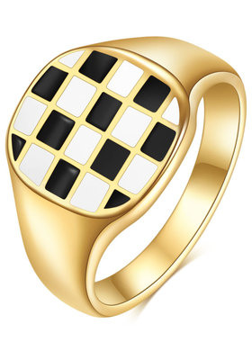 欧美流行新款ins时尚简约四方黑白棋盘格金色戒指钛钢指环女