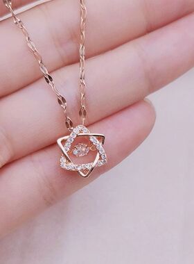 温鉴韩版18k玫瑰金色灵动六芒星钛钢项链女豪华满钻锁吊坠网红锁