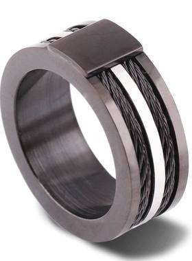 欧美时尚新款个性不锈钢黑色双排电缆绳威亚戒指 创意男士