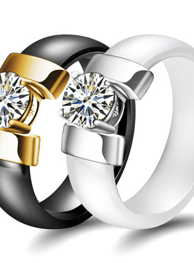 欧美跨境热卖6MM陶瓷个性简约黑白镶锆情侣戒指对戒流行时尚
