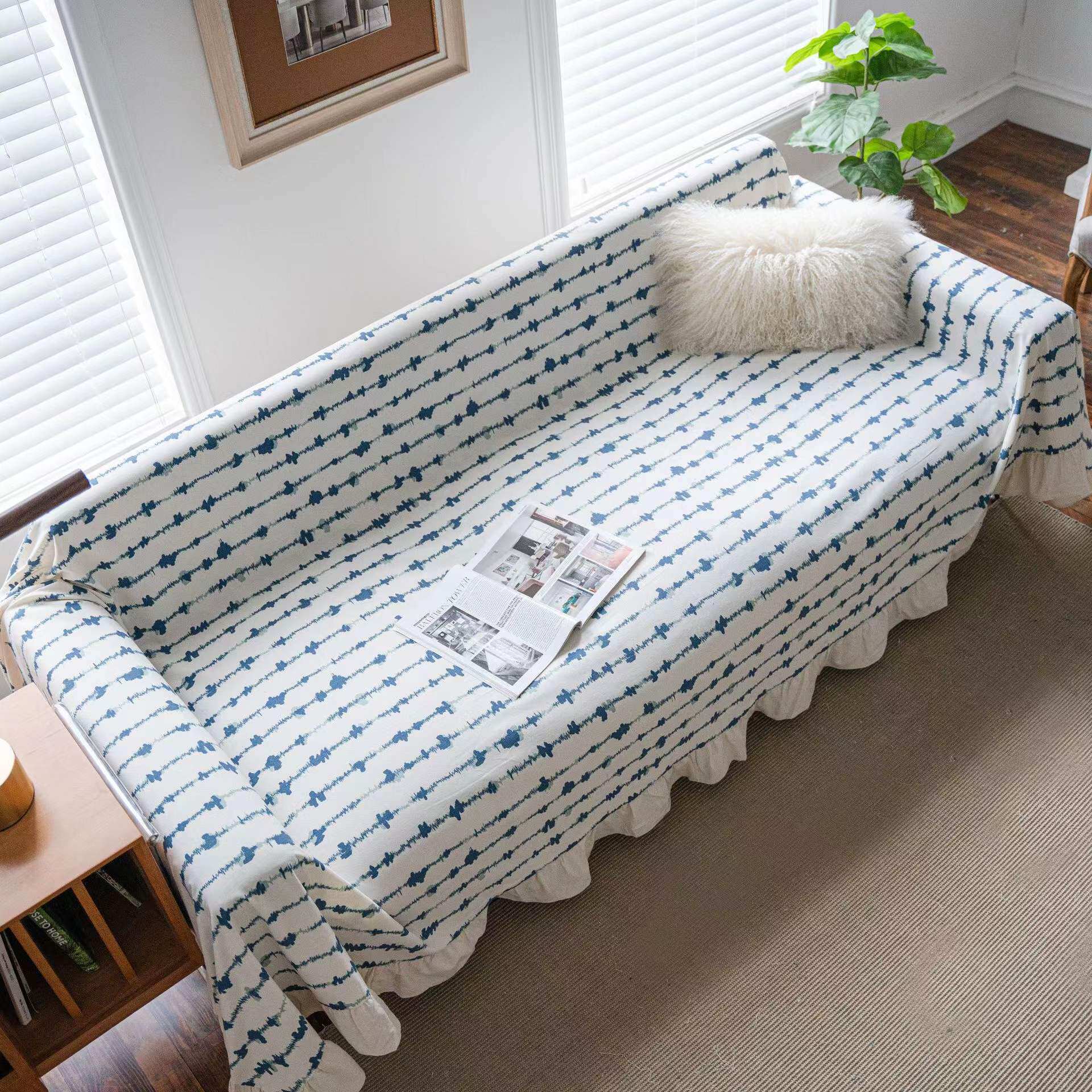 북유럽 인 일본식 파란색 작은 신선한 면화 나병 123 조합 소파 커버 방진 고양이 스크래치 프릴 커버