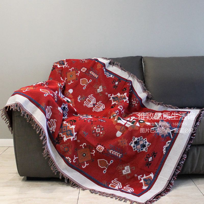 波西米亚红色民族风防猫抓全包组合沙发罩巾防尘盖布挂毯床尾盖毯