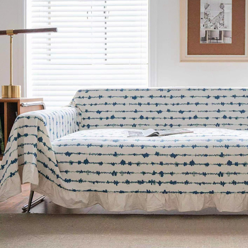 북유럽 인 일본식 파란색 작은 신선한 면화 나병 123 조합 소파 커버 방진 고양이 스크래치 프릴 커버