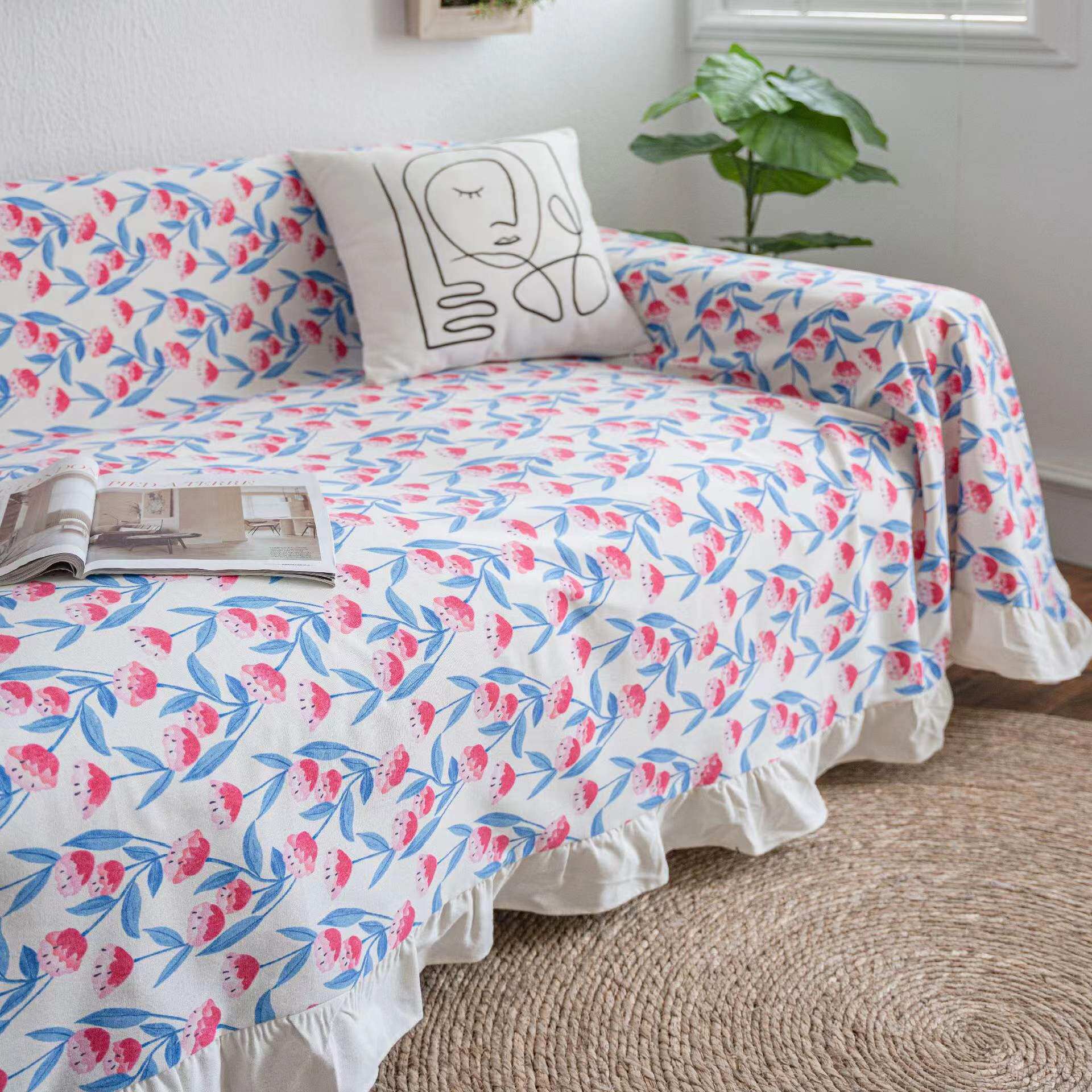 일본과 한국 목가적 인 작은 신선한 꽃 주름 면화와 나병 모든 항목을 포함하는 여분의 긴 소파 커버 천으로 가볍고 통기성