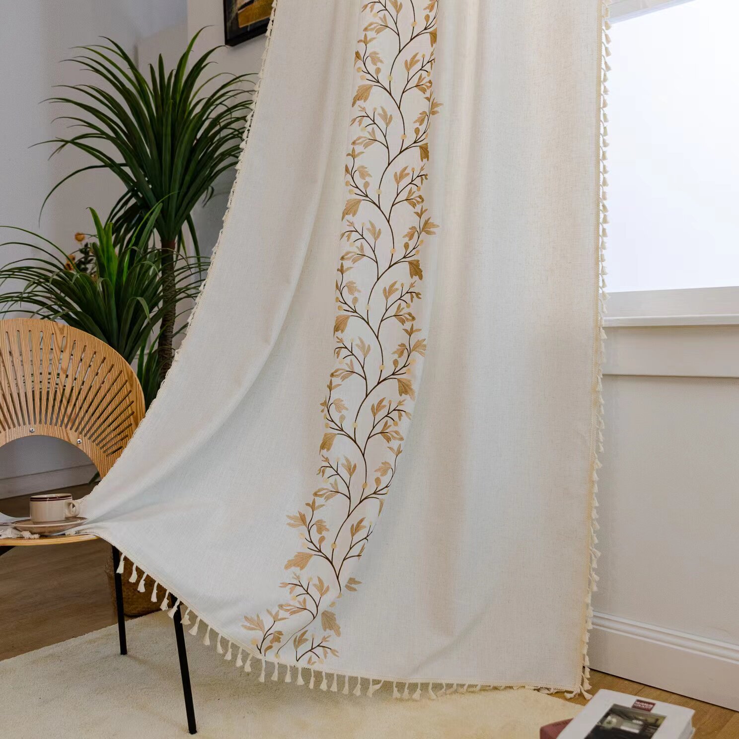 日式和风新中式禅意涤麻绣花半遮光客厅流苏窗帘飘窗隔断低调布帘