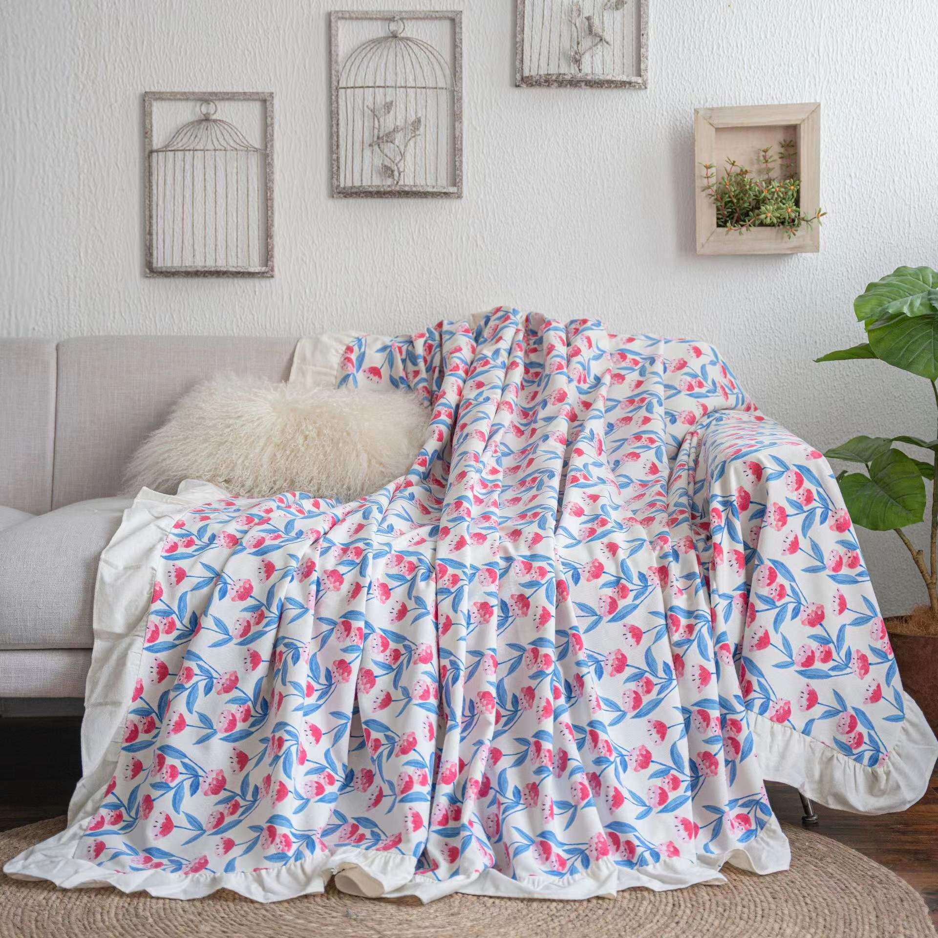 일본과 한국 목가적 인 작은 신선한 꽃 주름 면화와 나병 모든 항목을 포함하는 여분의 긴 소파 커버 천으로 가볍고 통기성