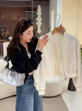 休闲缎面白色短款棒球服外套女2026春季新款高级感小个子夹克上衣