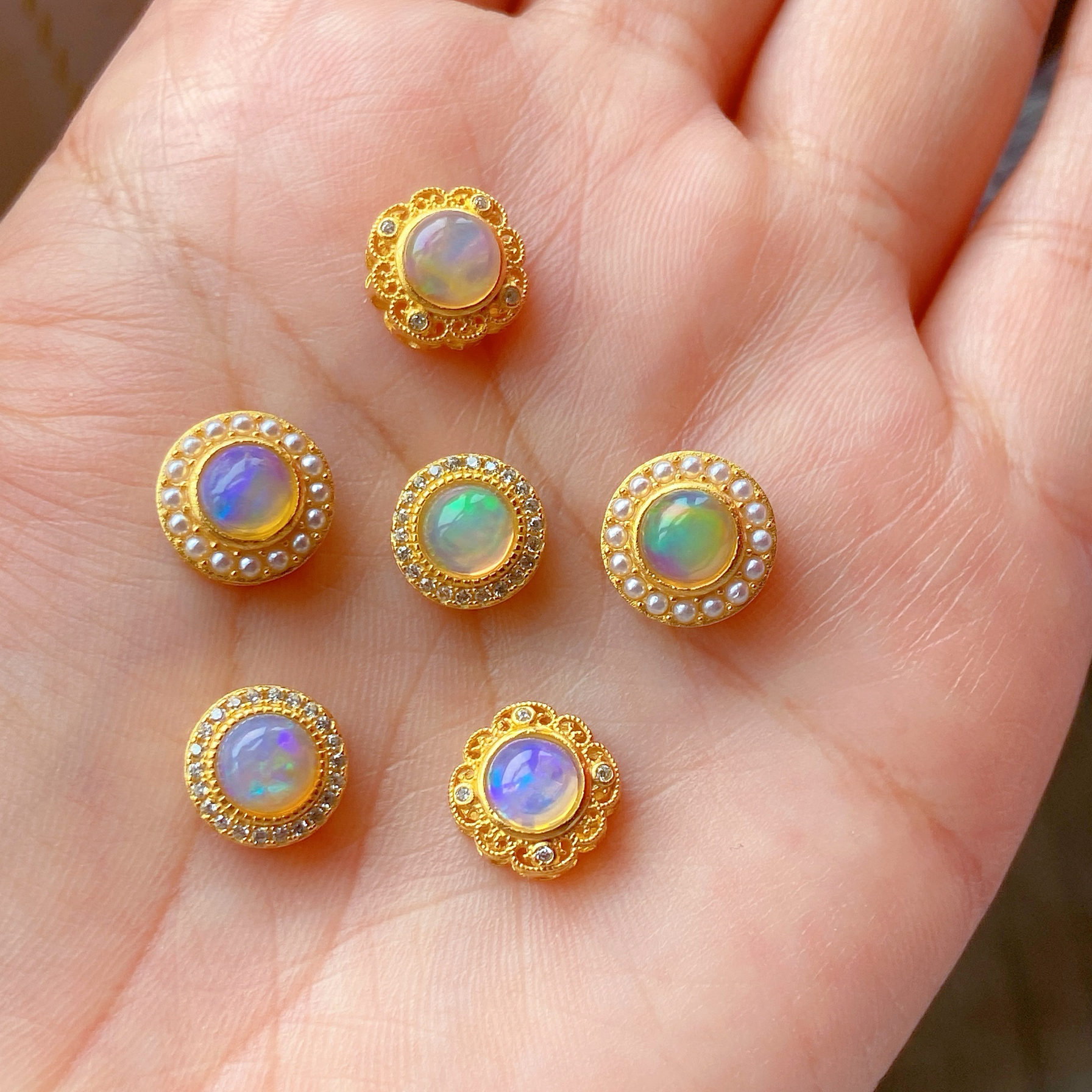 全新是925银镀金镶嵌天然欧泊配件diy手链项链隔珠手工编织配饰