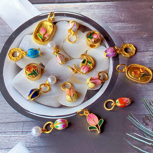 三颗石古法沙金珐琅彩烧蓝吊坠di y手链项链配件郁金香饰品手工