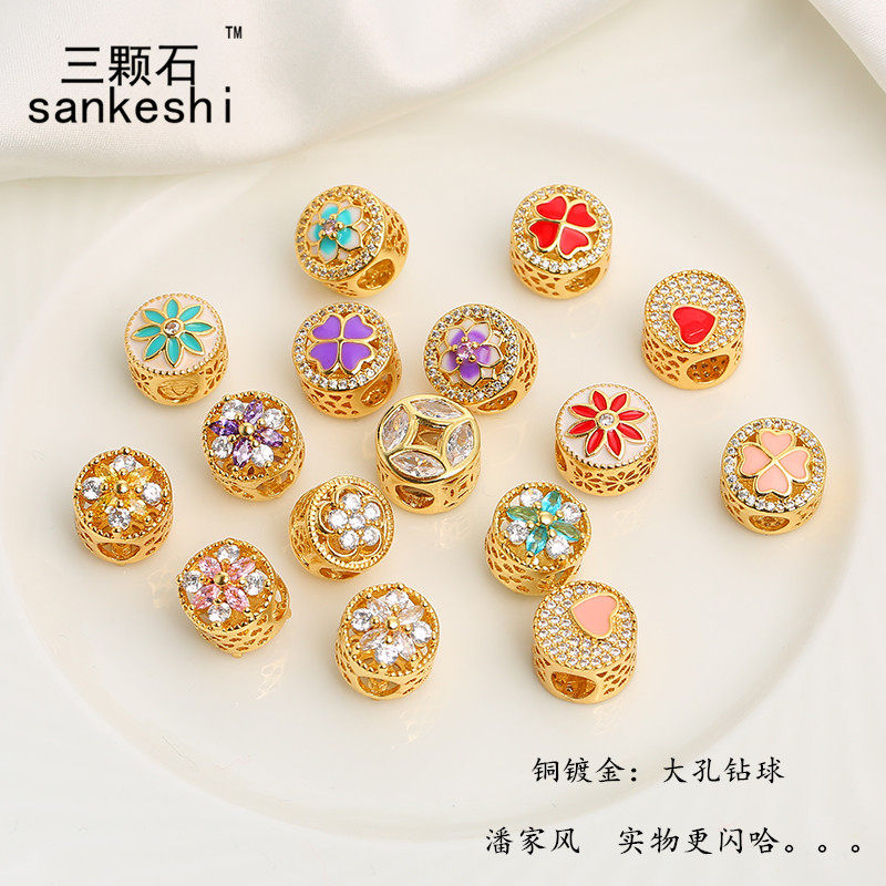 diy铜镀金微镶红绳配饰大孔珠