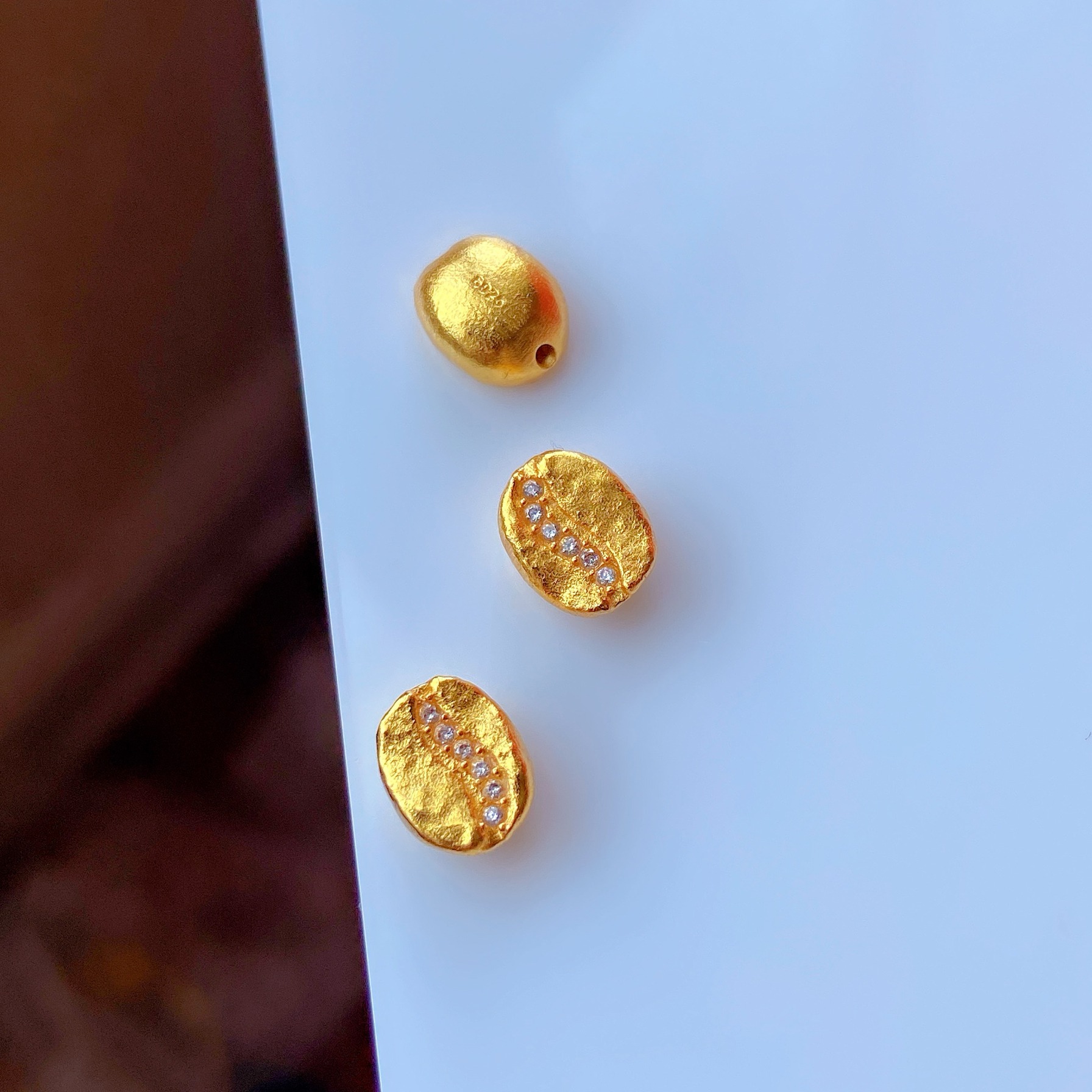 s925银镀金咖啡豆金豆配件diy手串项链配饰隔珠编织饰品纯银古法