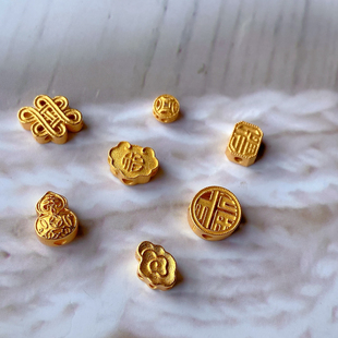 s925银镀金葫芦祥云隔珠配件diy手串项链配饰纯银大孔福字钱币