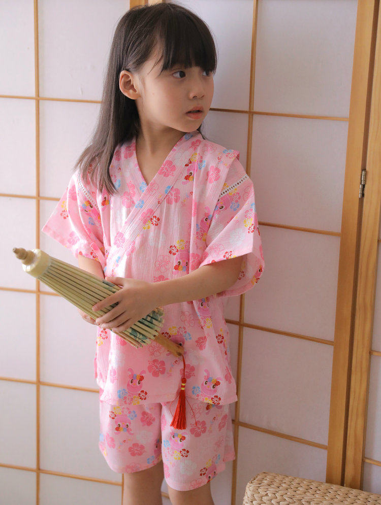 女童甚平和服套装 日式柳条纱和服浴衣 日本家居服汗蒸服睡衣粉色