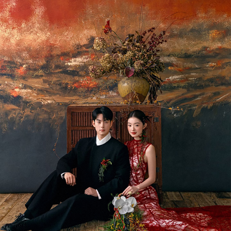 新款影棚婚纱拍照油画摄影背景布新中式旗袍国风油画拍照背景纸