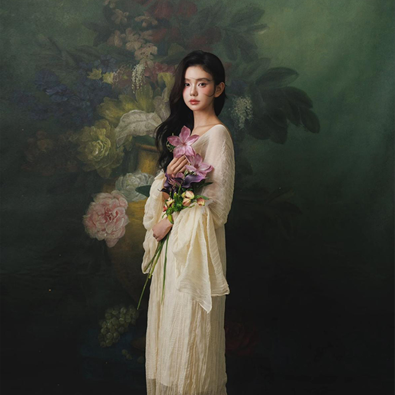 影楼少女拍照油画摄影背景布室内高级冷清风少女油画拍照背景纸