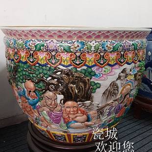 陶瓷器鱼缸锦鲤荷花睡莲缸浮雕古彩人物十八罗汉大号镇宅风水缸1M