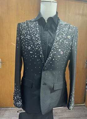 男士黑色烫钻闪亮款宴会韩版修身年会主持人晚宴艺考北京礼服租赁