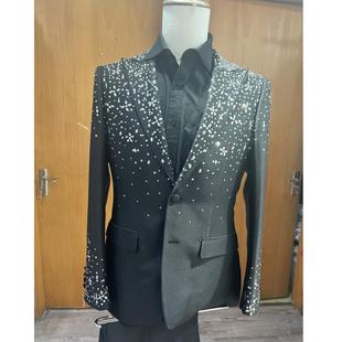 男士黑色烫钻闪亮款宴会韩版修身年会主持人晚宴艺考北京礼服租赁