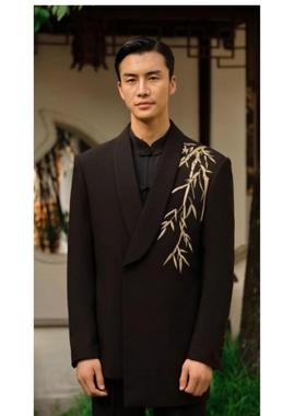 男士黑色中式刺绣竹叶盘扣双排扣晚礼服宴会主持人北京礼服租赁